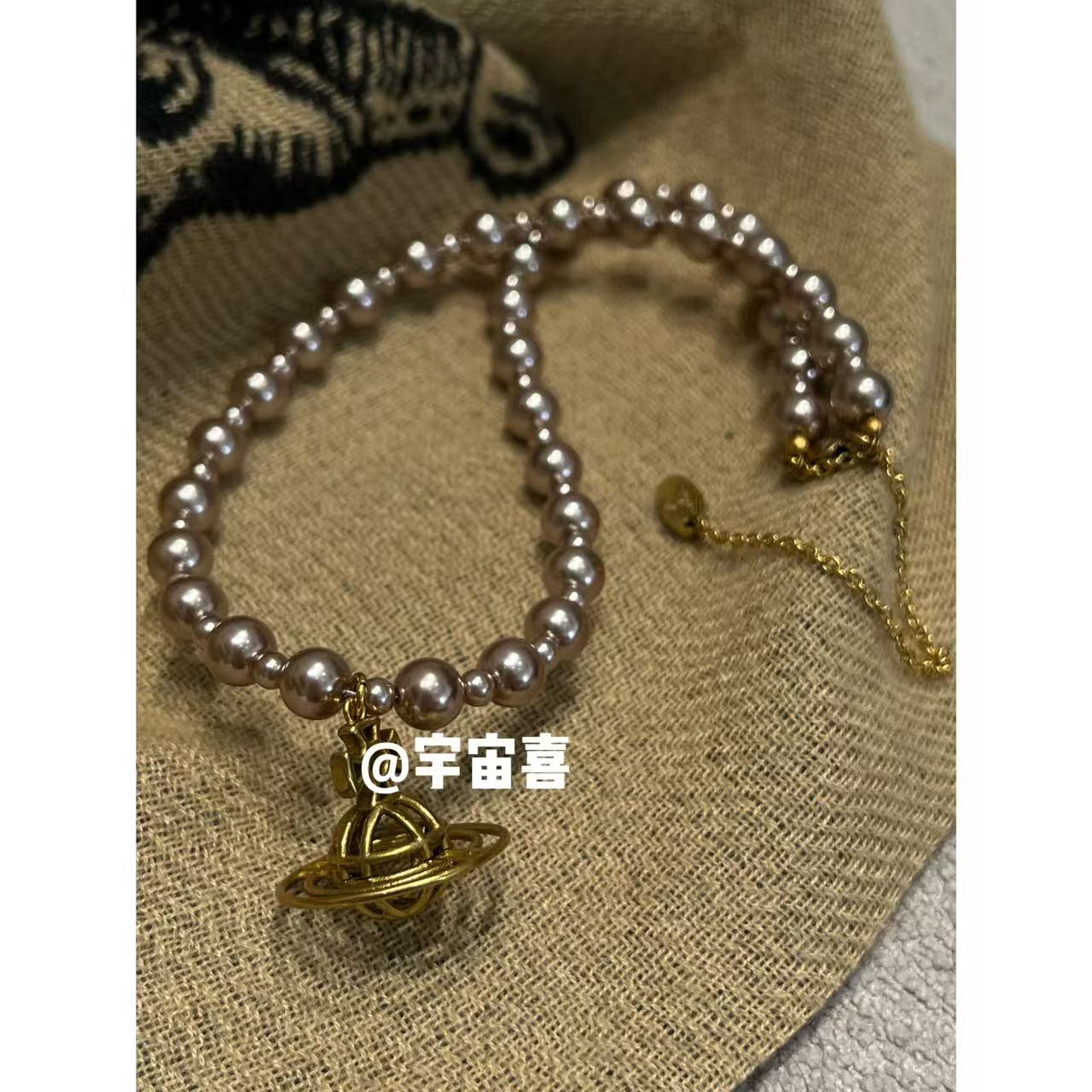 黄铜仿珍珠项链  G3-027【咖啡金贝珠线条古金星球串珠项链】