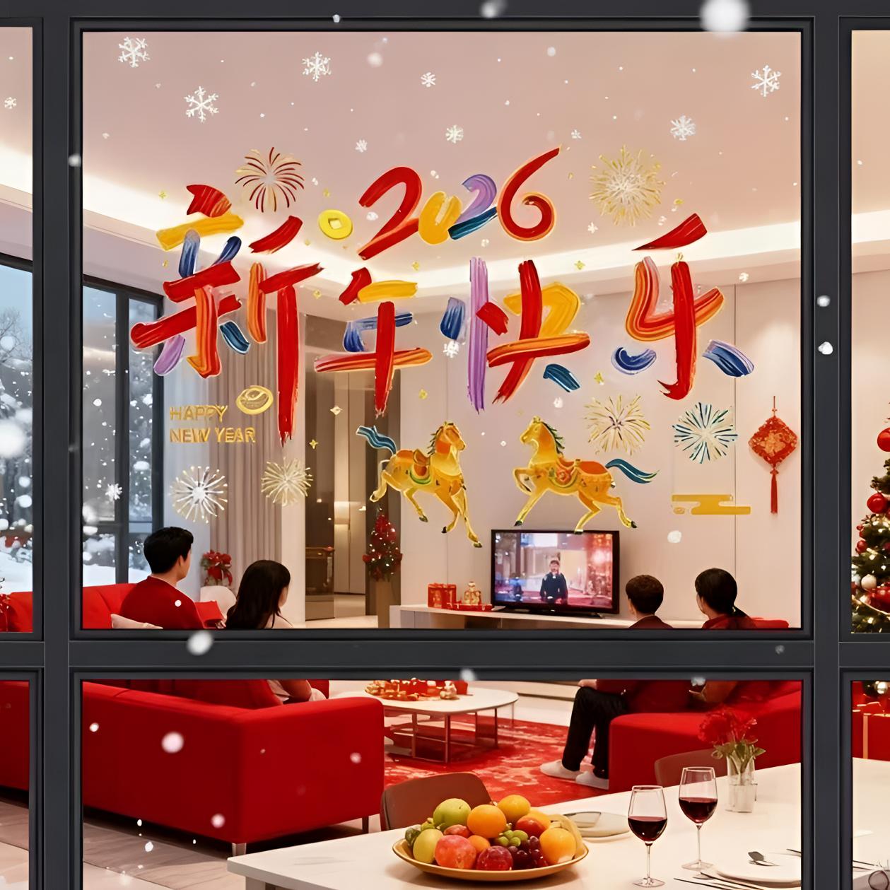 2026马年静电贴春节新年装饰窗花门贴屋内玻璃窗贴纸过年氛围布置