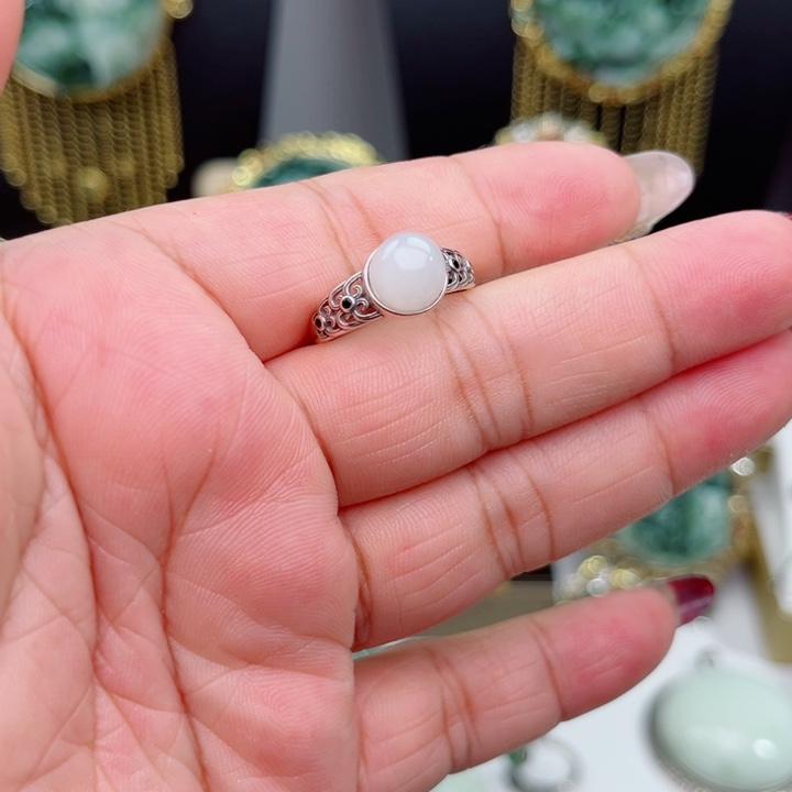 透闪石-蛇纹石玉戒指银S925镶嵌