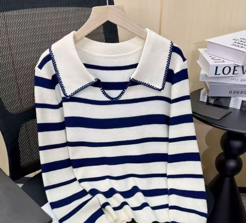 翻领条纹长袖针织衫2025秋季时尚气质老钱风休闲百搭上衣女