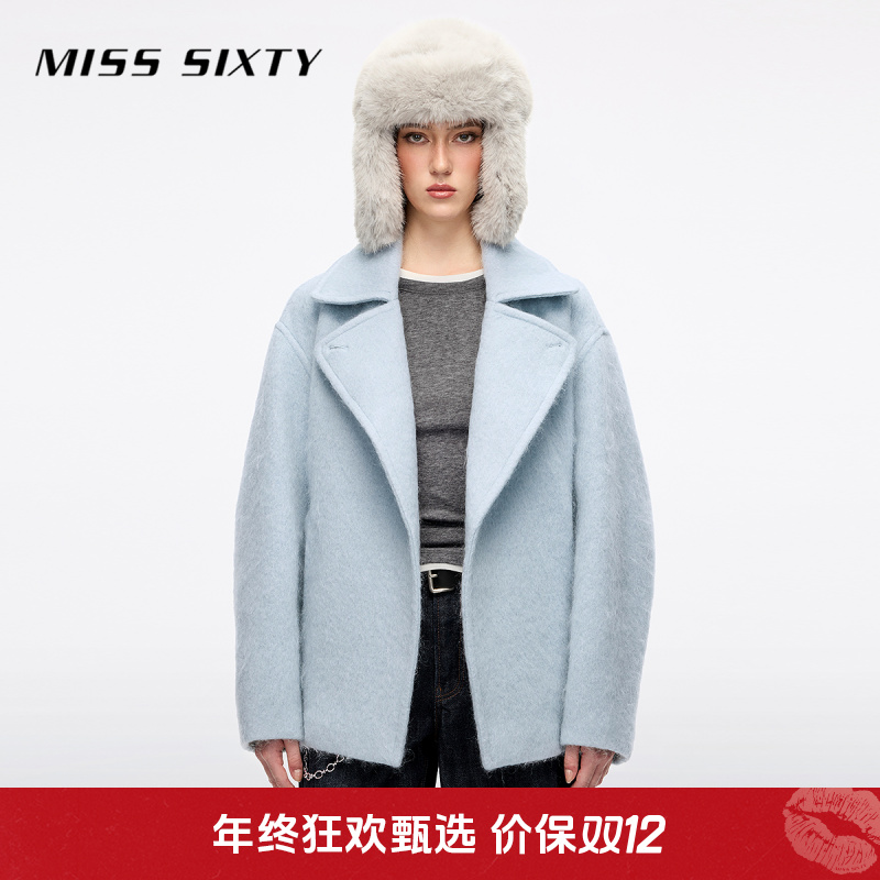 Miss Sixty2025冬季新款呢料外套女羊毛混纺配腰带西装领