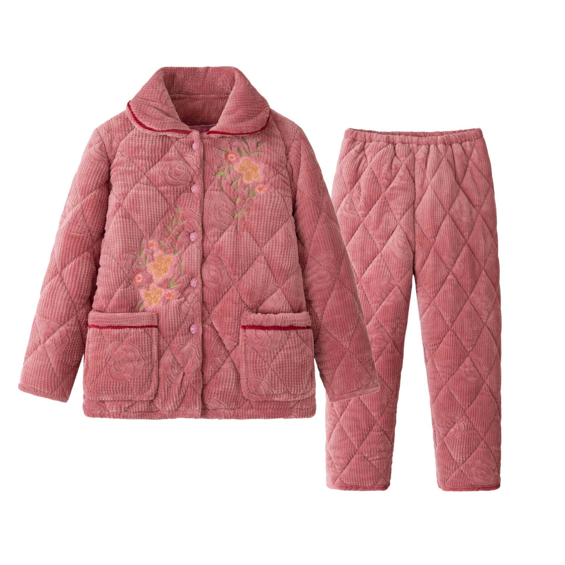 奶奶睡衣中老年睡衣女冬季三层加厚加绒法兰绒中年妈妈家居服套装
