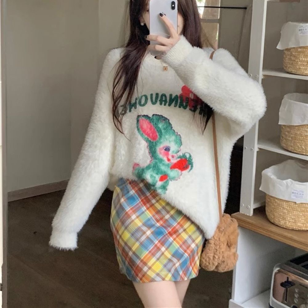 美式多巴胺辣妹印花毛衣搭配格纹显瘦短裙时尚组合