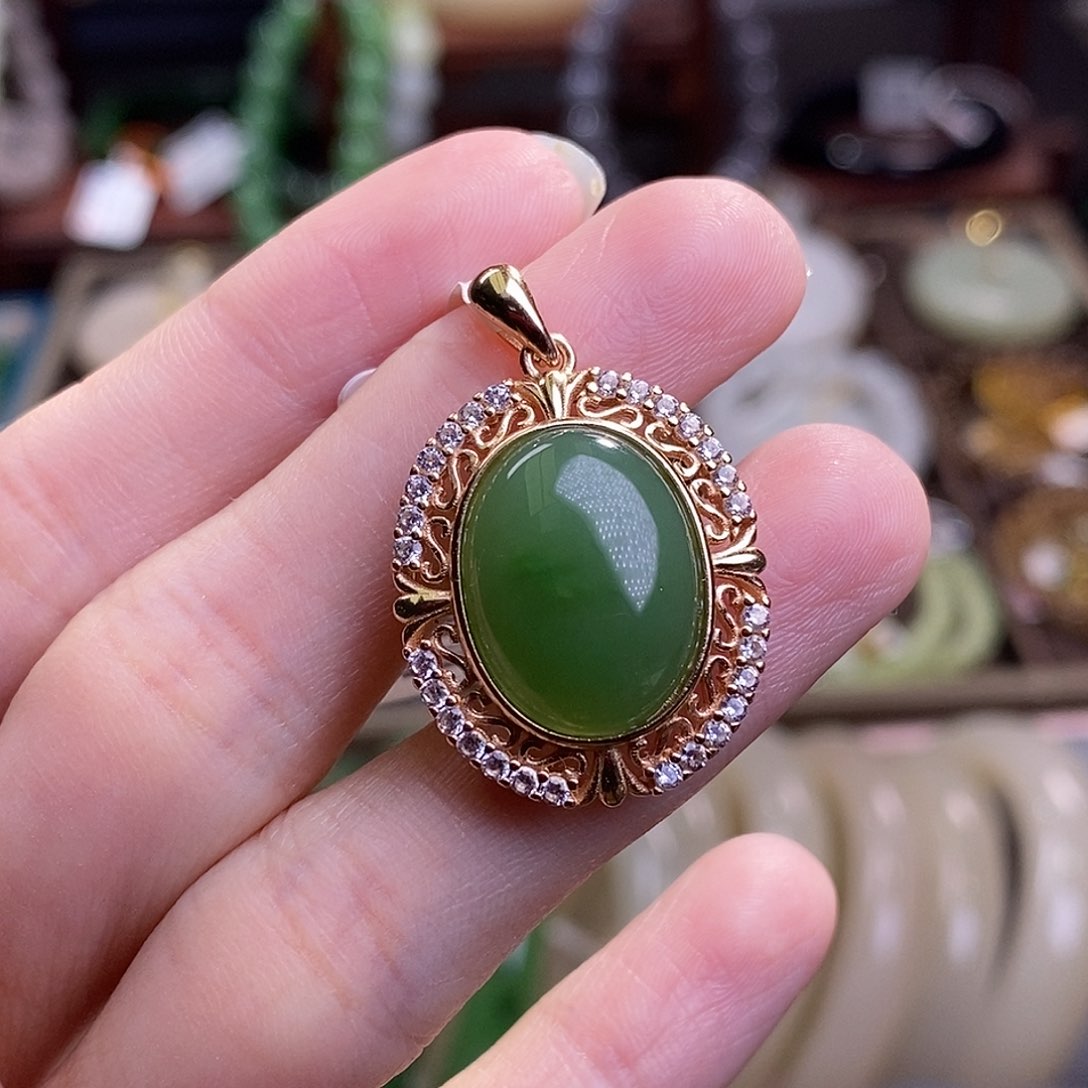 和田玉碧玉银镶蛋面吊坠孤品未镶嵌