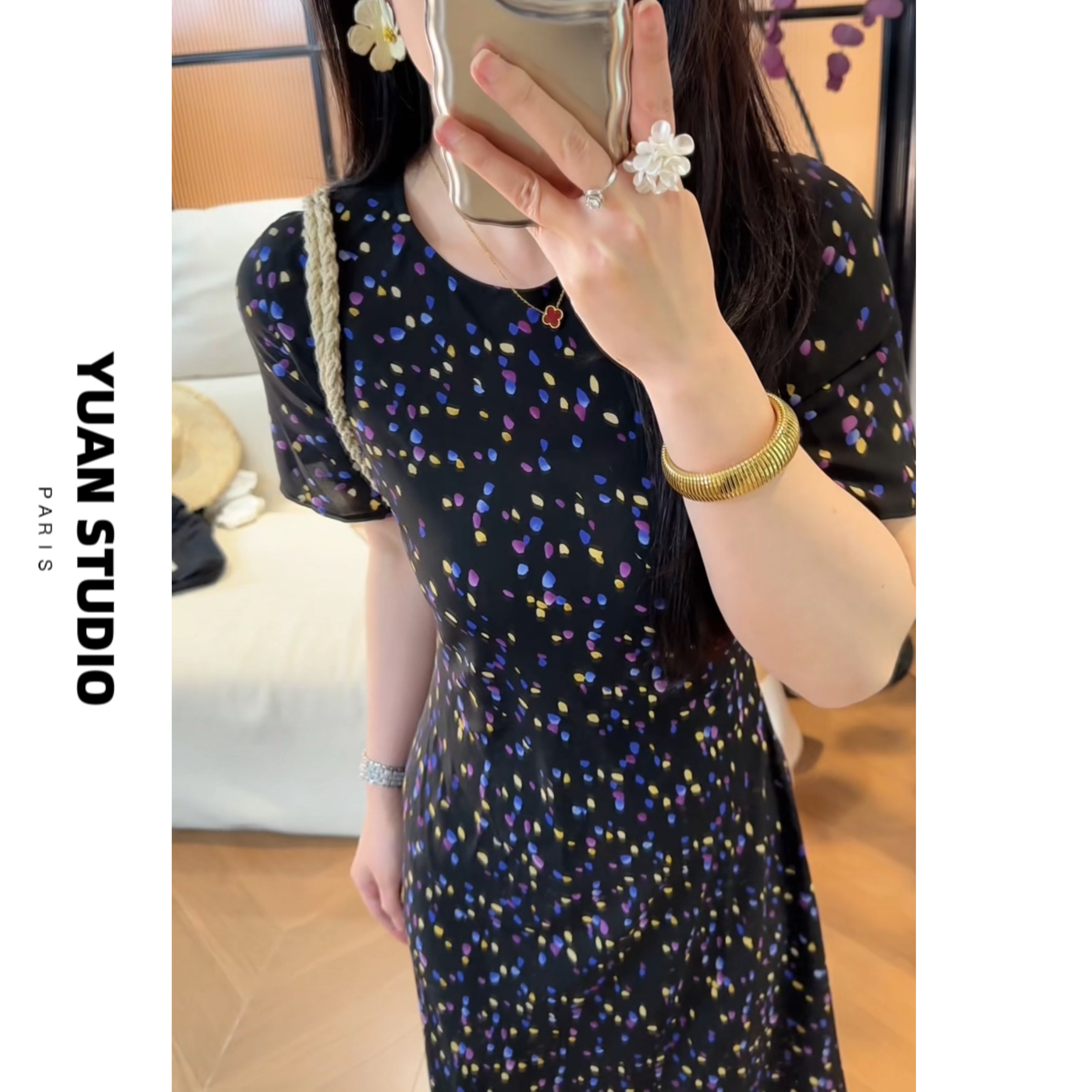 少量现！ 【繁星】法式复古夏日彩色花卉显瘦显白遮肉时尚连衣裙