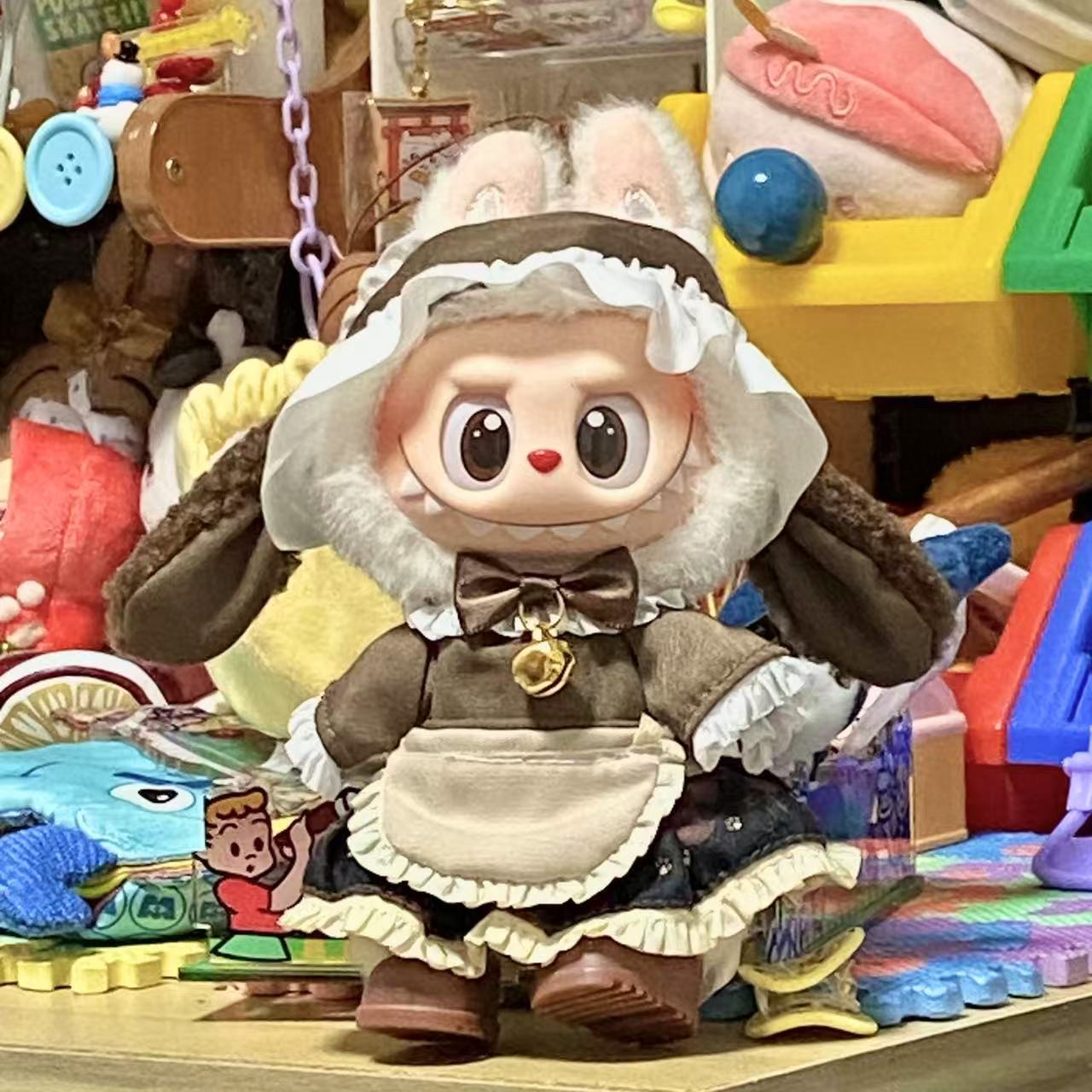 17cm拉布布LABUBU坐坐派对一二三代搪胶公仔女仆可爱衣服