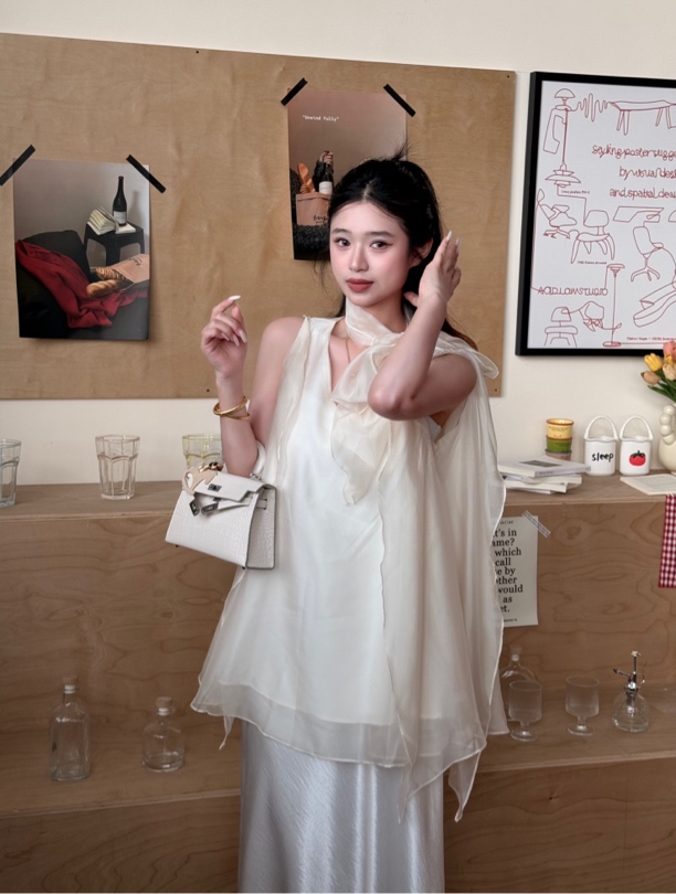 单上衣时尚气质绑带网纱衬衫女夏季宽松设计感透视潮流上衣