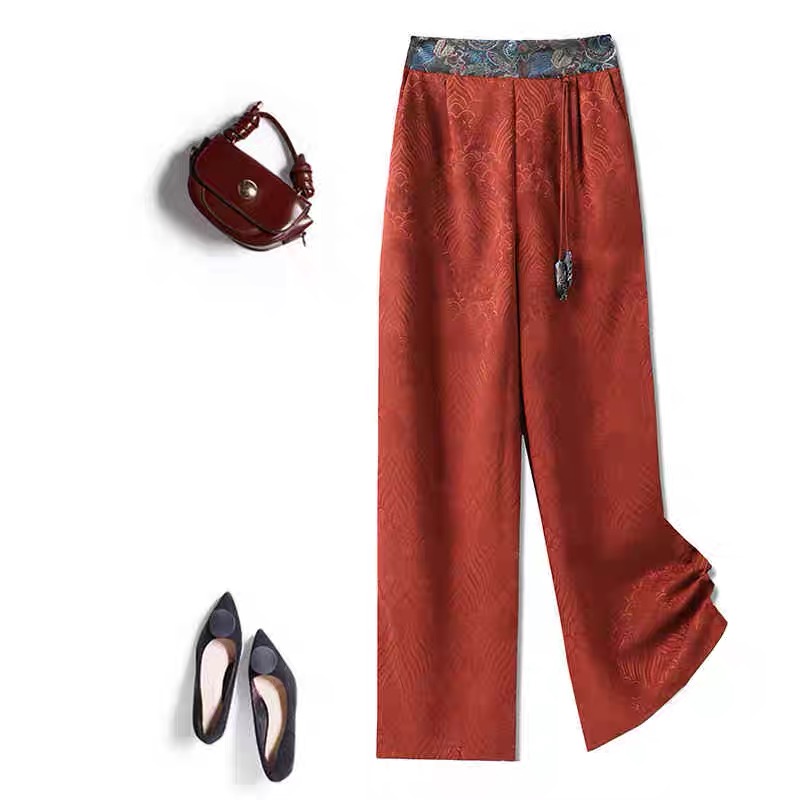 6328 新中式流苏宋锦提花祥云阔腿裤筒民族风休闲长裤