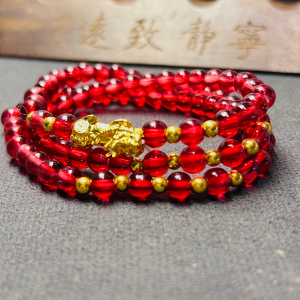  （亏米清仓）酒红色多圈红石榴金色貔貅女士