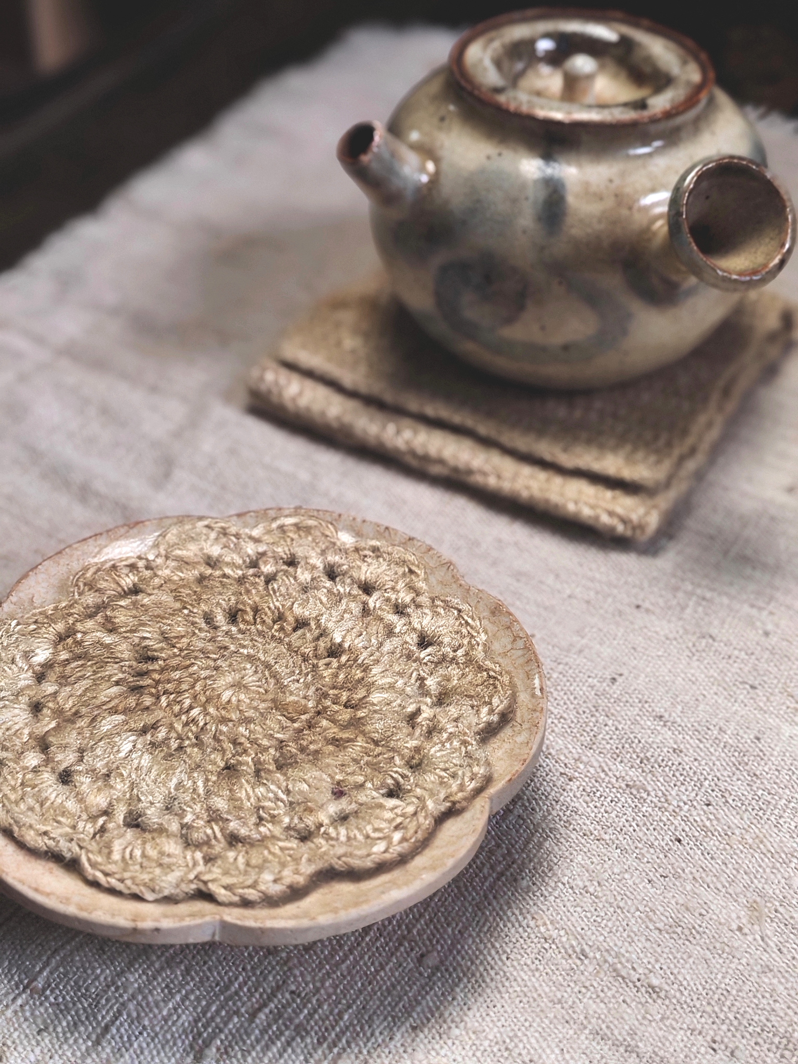 舍予手作丨精品柞蚕丝老料，手工钩织杯垫茶巾，丝光感强烈