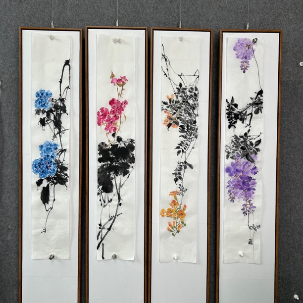 国画花卉小写意四条屏画片17*100cm直播间用