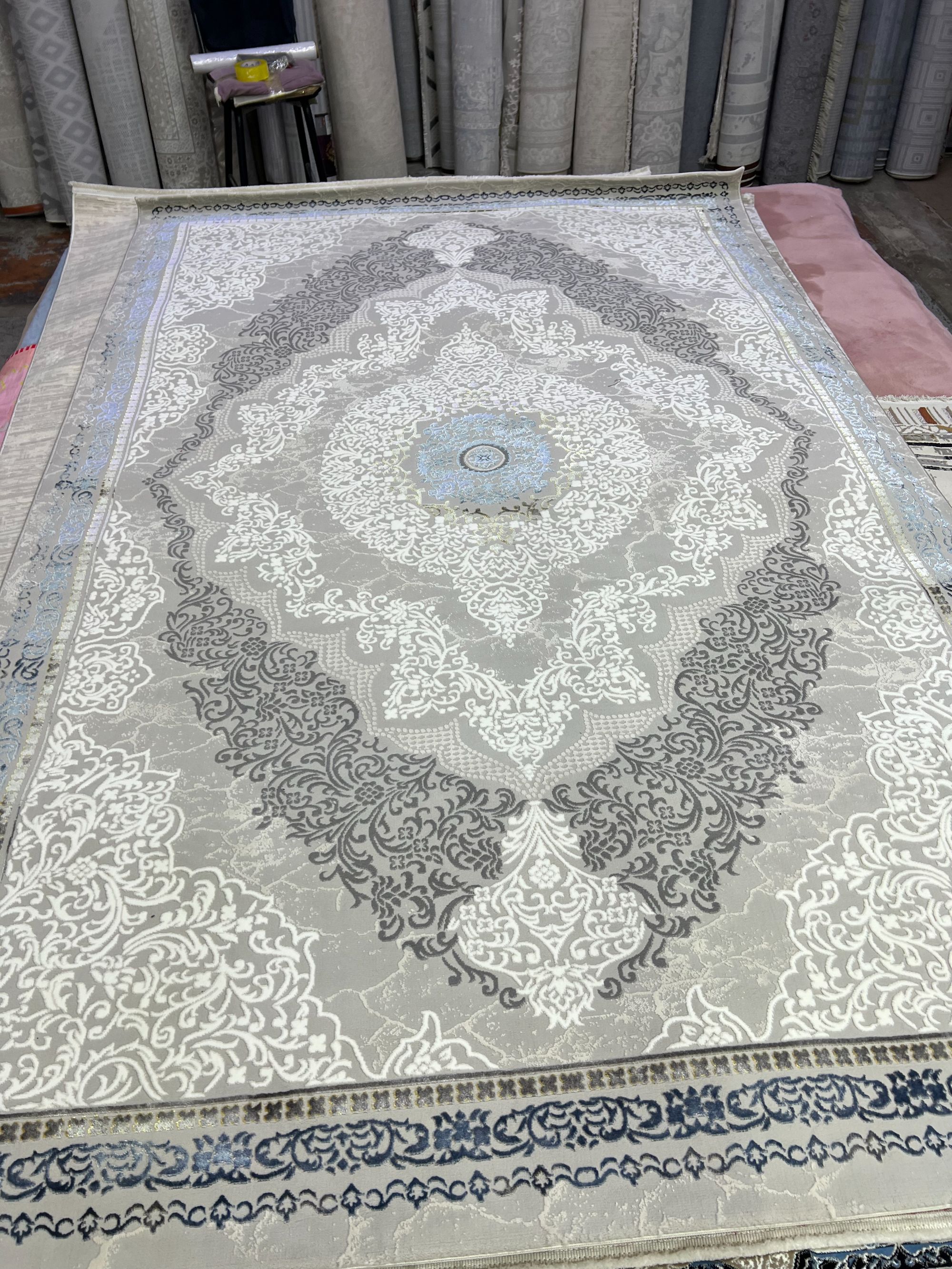 高端高密土耳其风格轻奢客厅卧室地毯（蓝白灰）