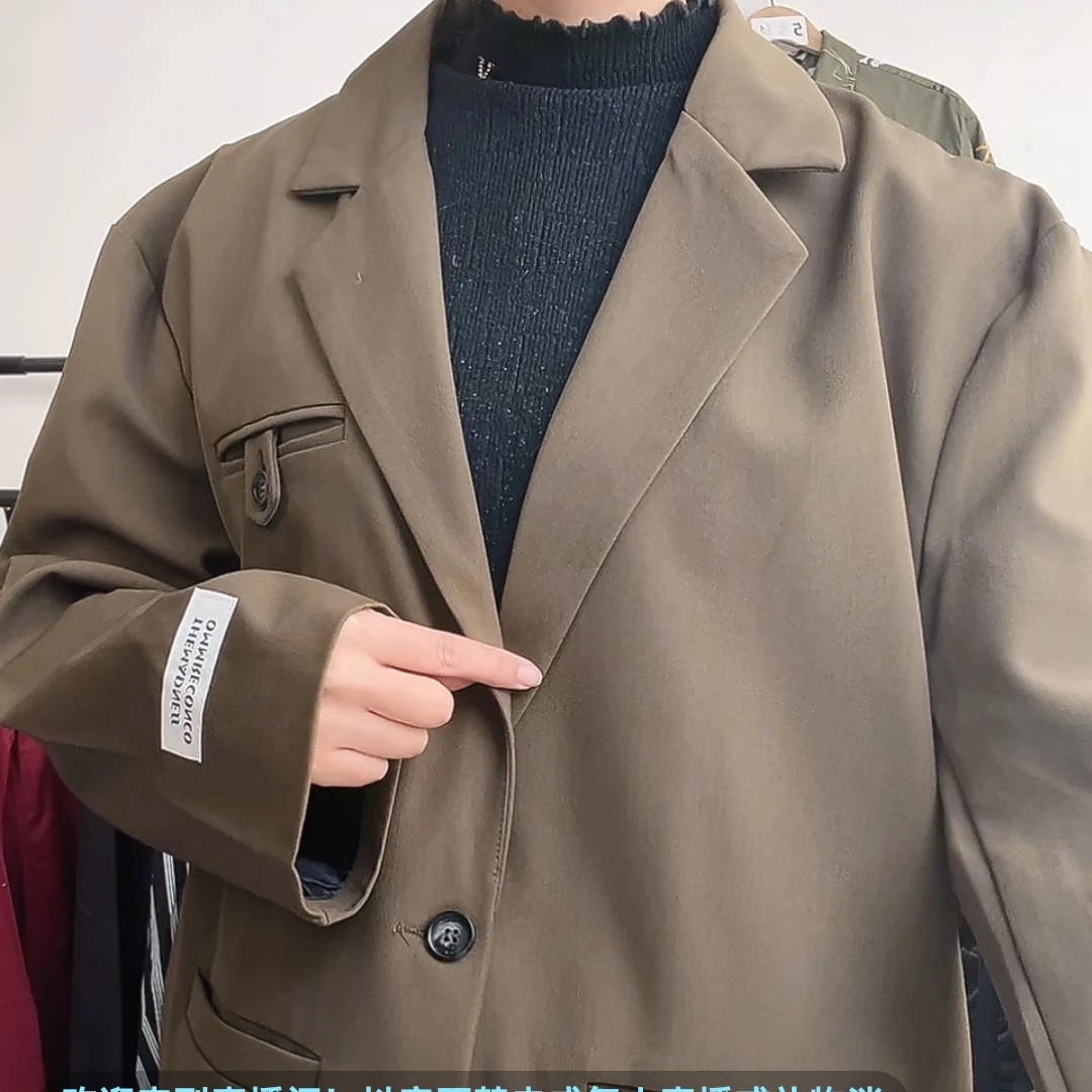 咖绿色复古英伦风贴标休闲西装外套韩版宽松显瘦小个子百搭西服