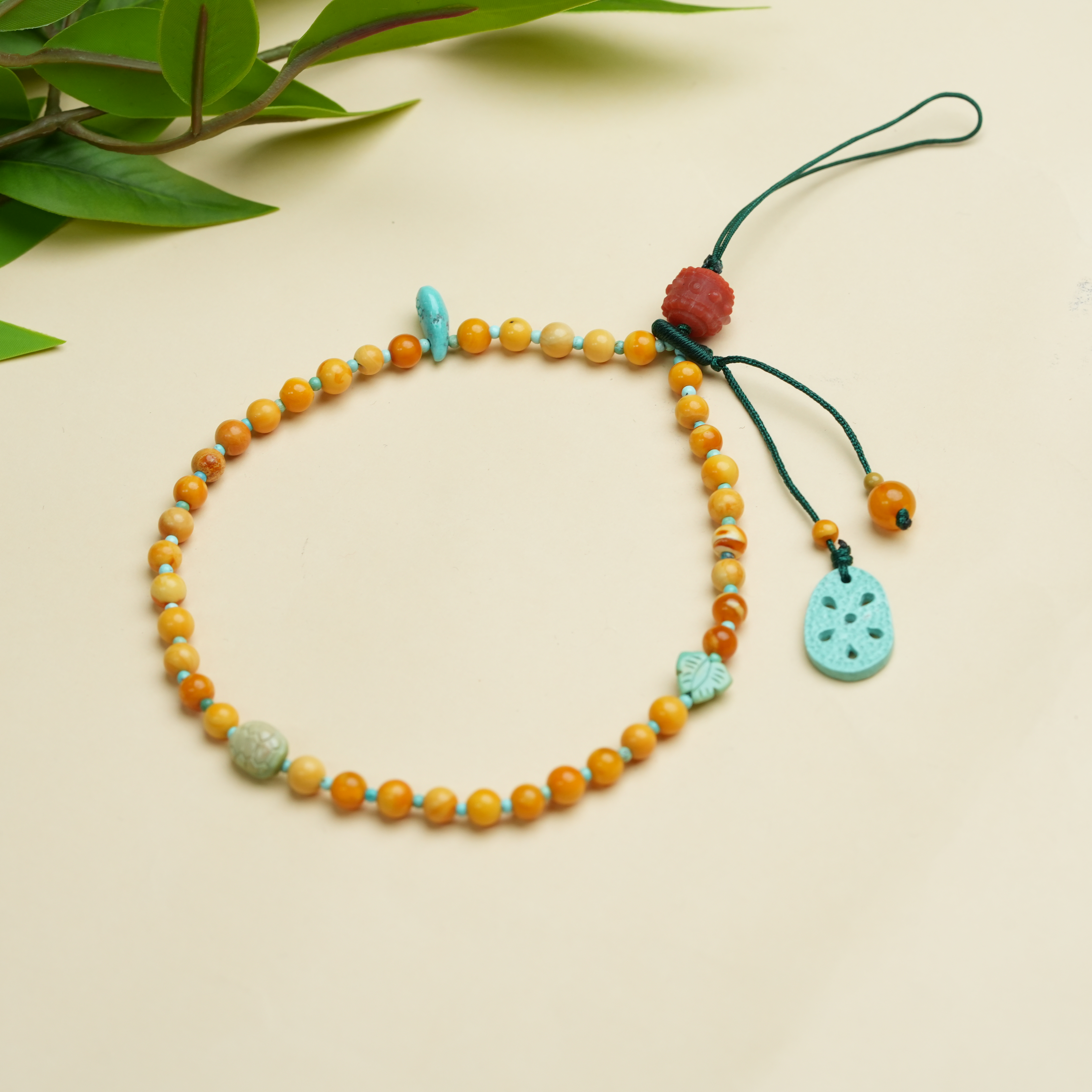 【虫二原创】4mm+亮皮花蜡绿松藕片万能设计款手机包链多样性发其一