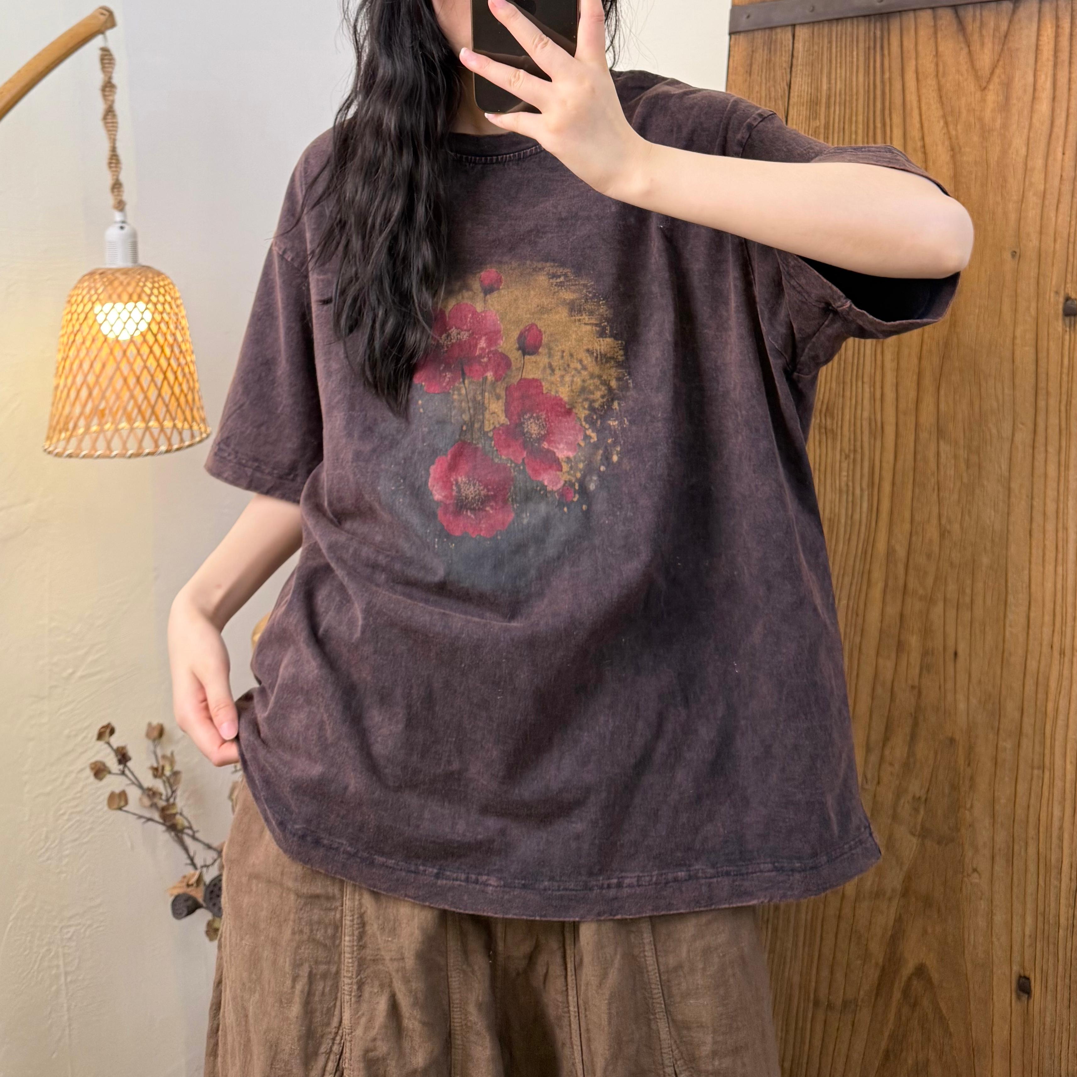 【半奏】新款短袖做旧印花圆领T恤休闲宽松140 衣长75