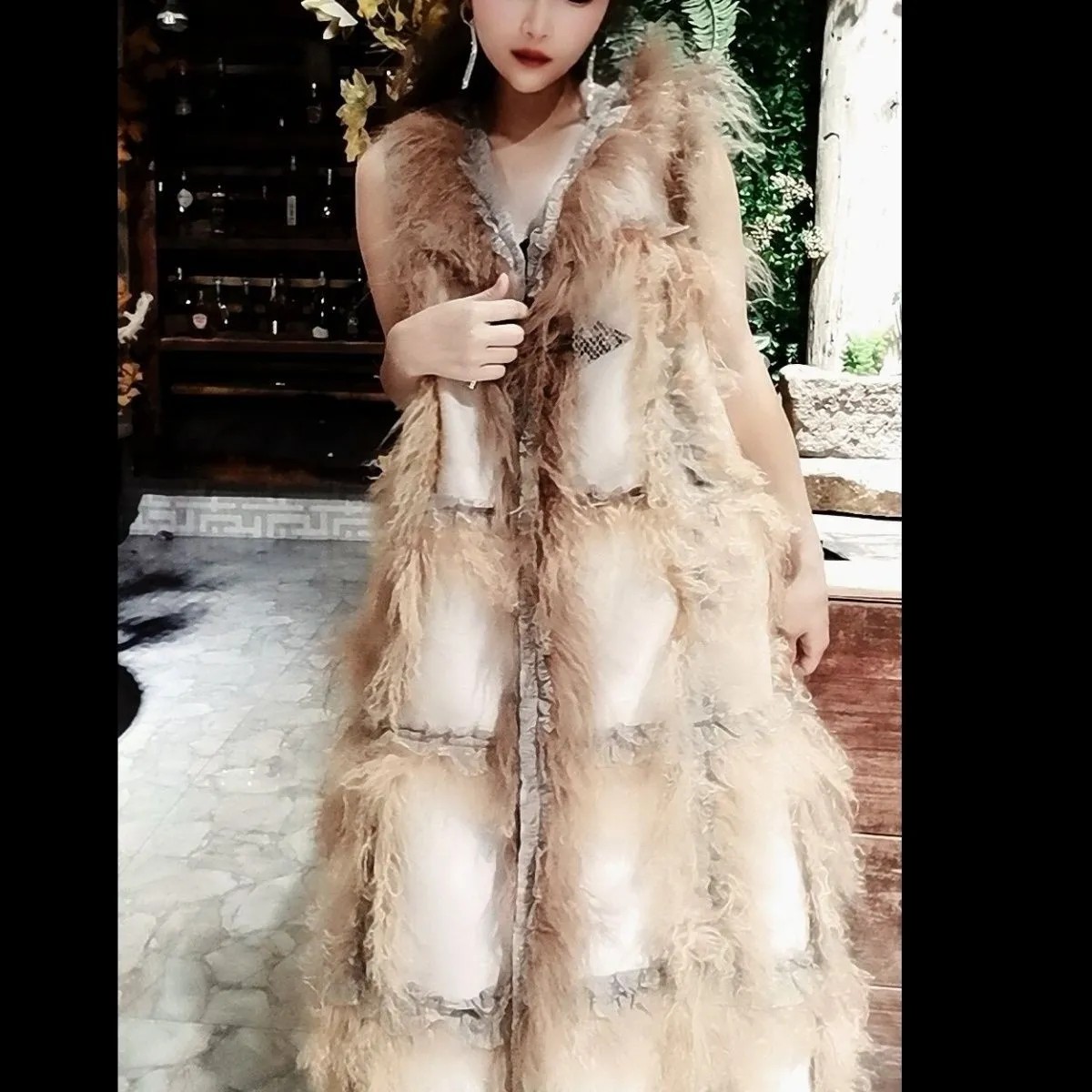 长款V领女复古港风浅黄色半开领中长款