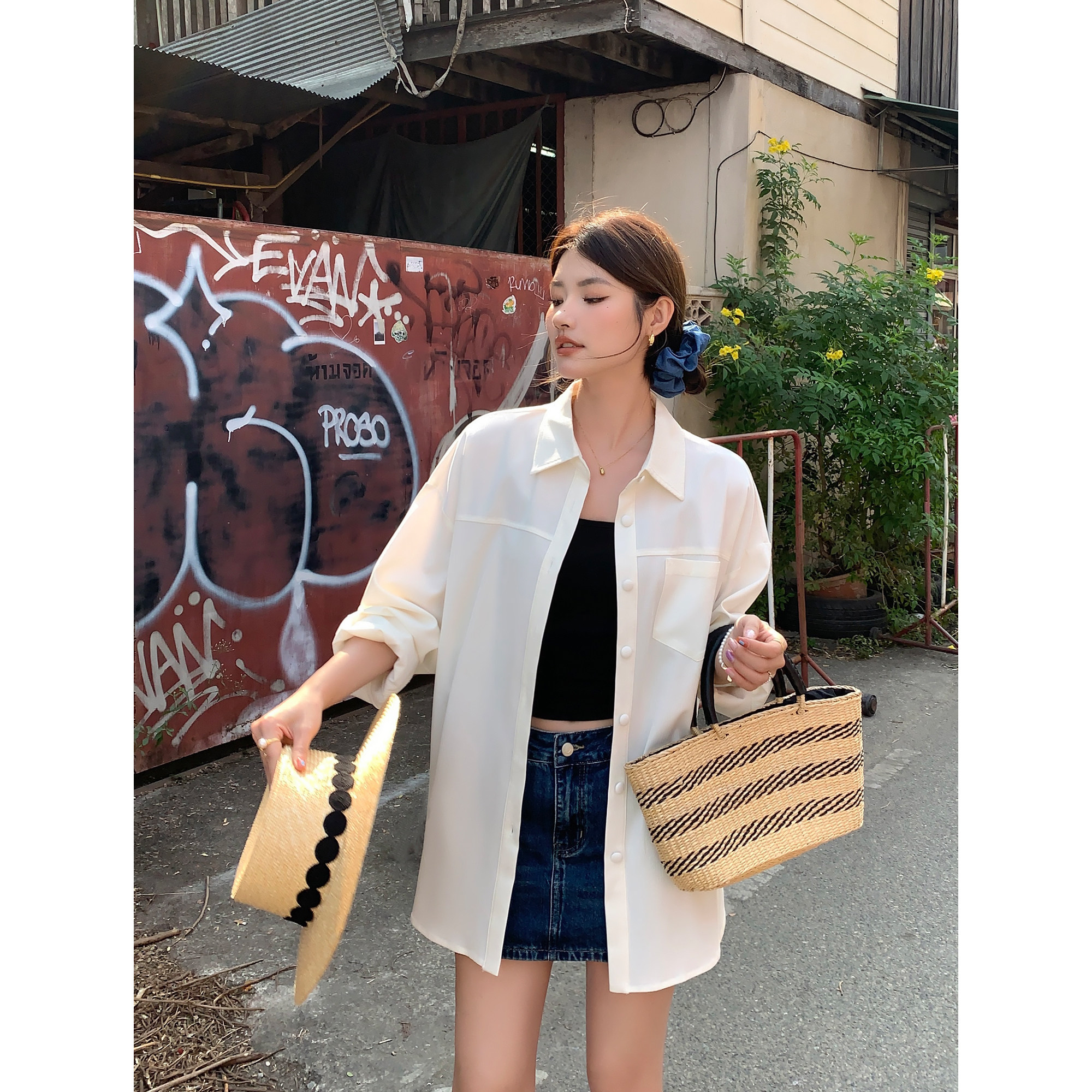 pusumede 宽松长袖衬衫女衬衣外套小众气质长袖上衣PSC15078-Q