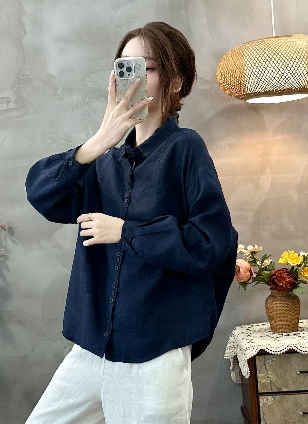 YIWEN100雨露亚麻龟背款时尚减龄衬衫1344