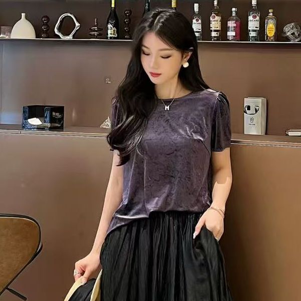 KIKI严选：83007-M家南油欧货秋季后背心机丝绒百搭短袖T恤