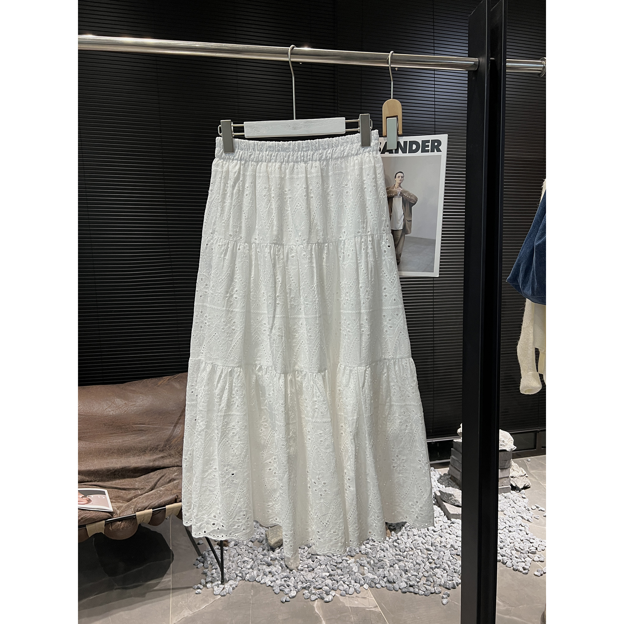 松紧腰蕾丝棉白色半身裙M341（清）