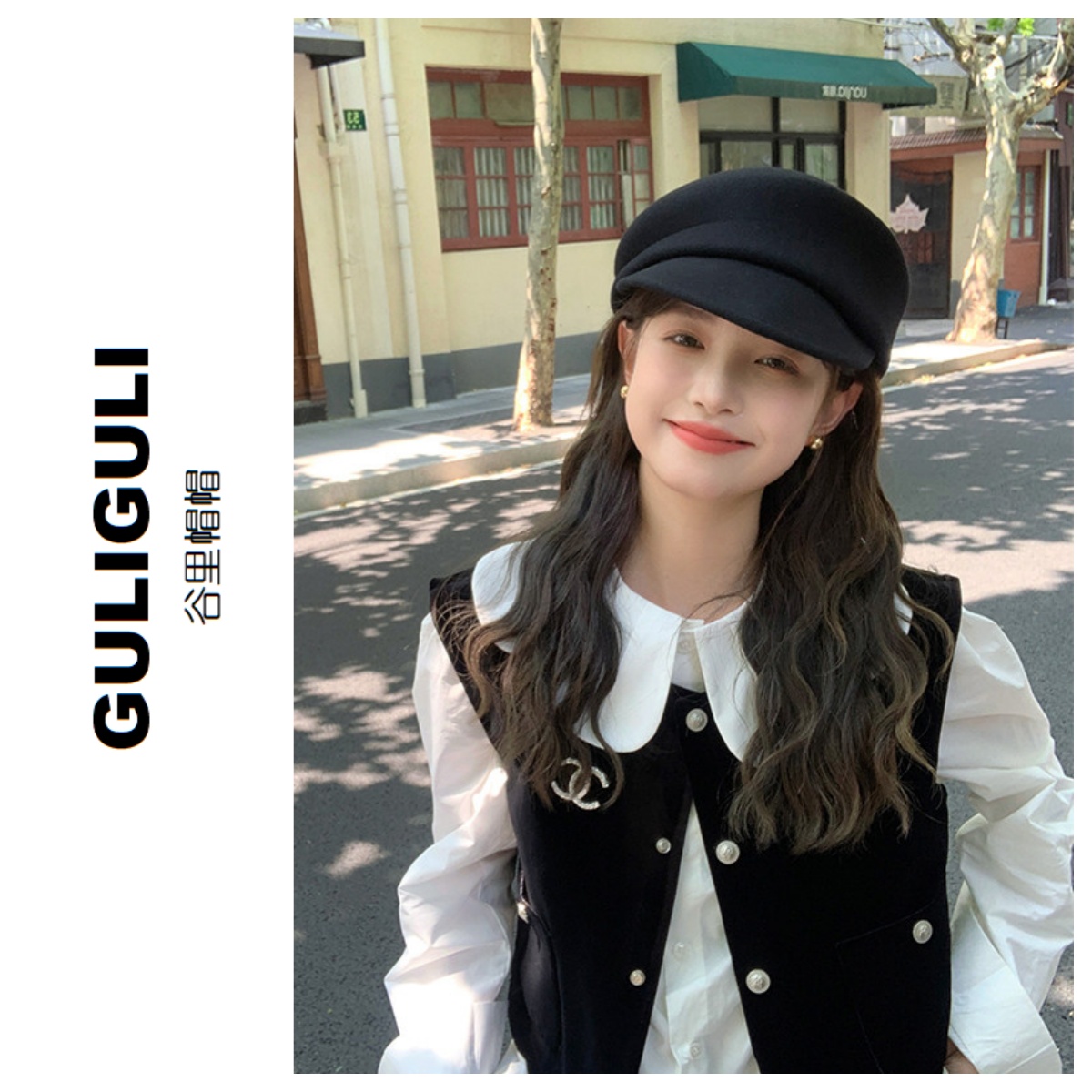 fever同款时尚博主羊毛呢礼帽女秋冬马术帽复古英伦报童帽潮黑色