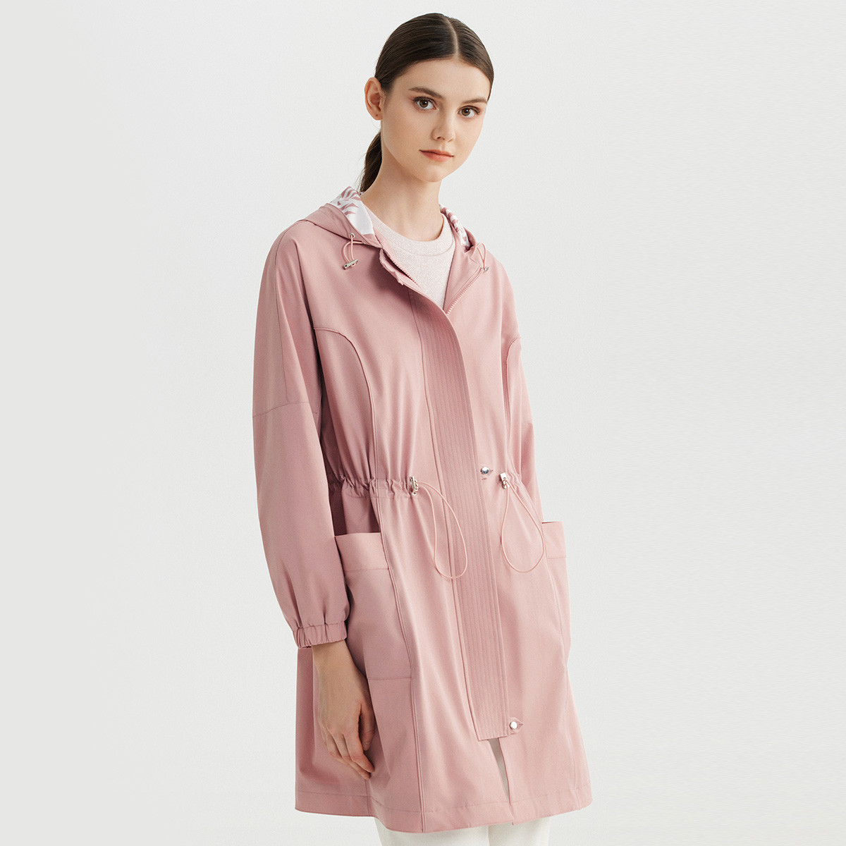 【多面弹性】G2000女装春秋中长款可调节腰围防风连帽外套直播