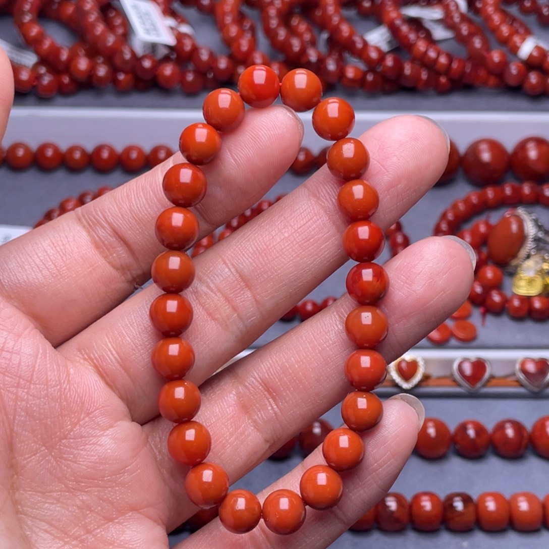 老***艺南红玛瑙未镶嵌配珠8.2mm瓦西柿子红单圈