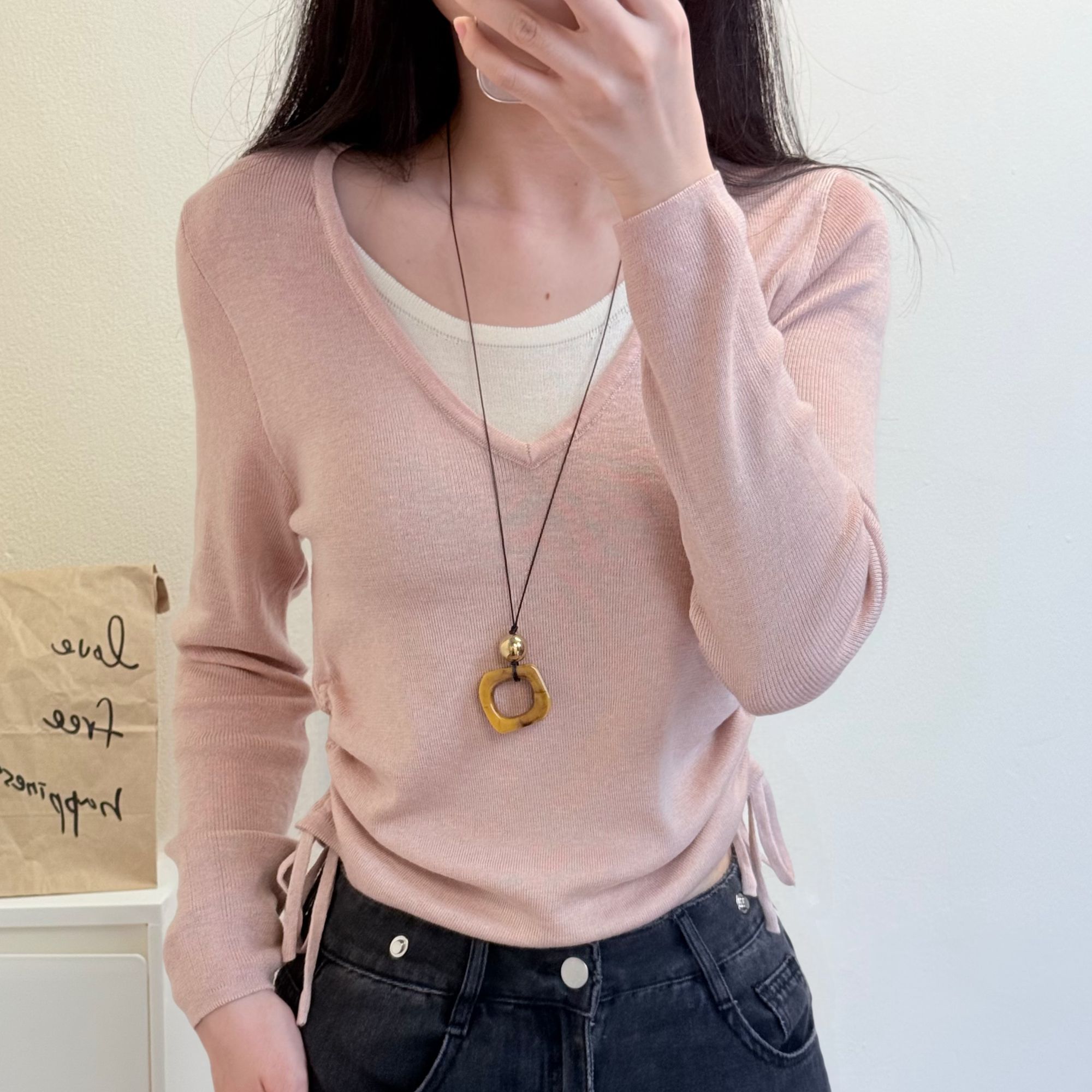 秋季新款慵懒显瘦气质假两件长袖上衣温柔高智感短款时尚百搭