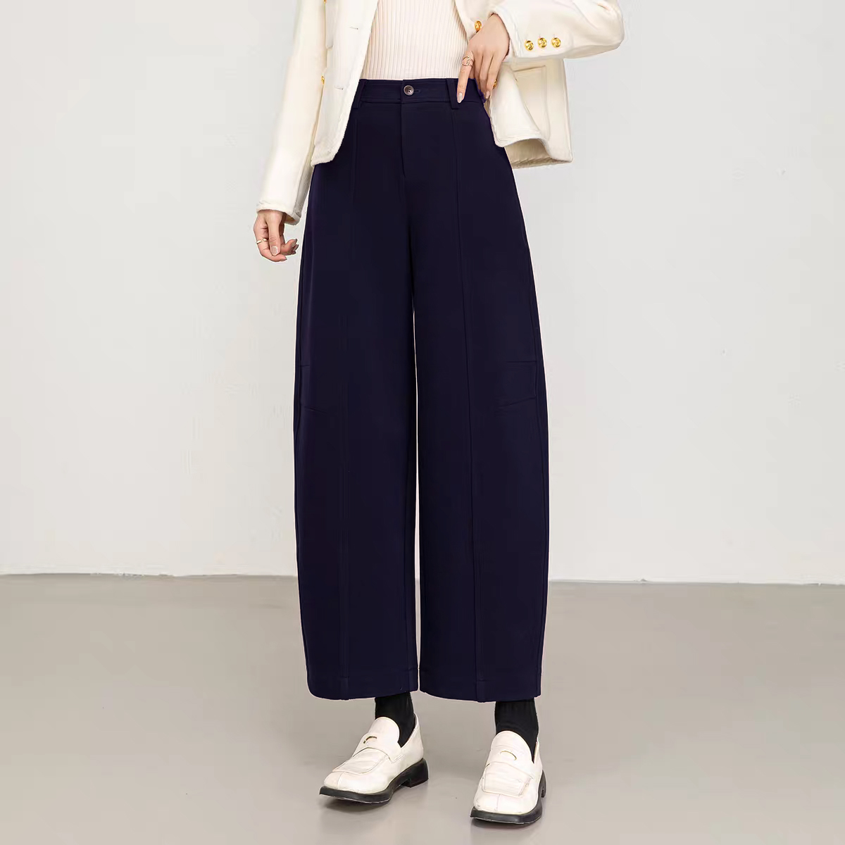 【小气泡】视觉显瘦一粒扣松紧腰香蕉阔腿裤毛呢加厚裤N8ZY1207