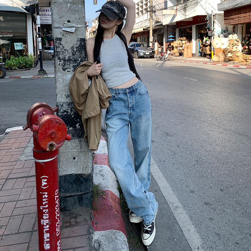 爆款港风浅色窄版阔腿牛仔裤女春季2025新款高腰宽松直筒拖地裤子