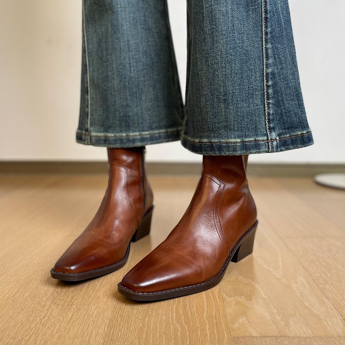 真皮法式复古手抓纹软牛皮短靴女粗跟高跟靴子英伦风时尚马丁靴