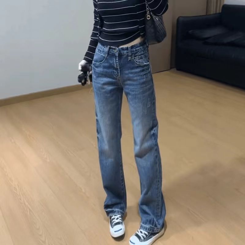 2025年秋冬季新款洋气百搭窄版阔腿裤大码高腰显瘦直筒牛仔裤子女
