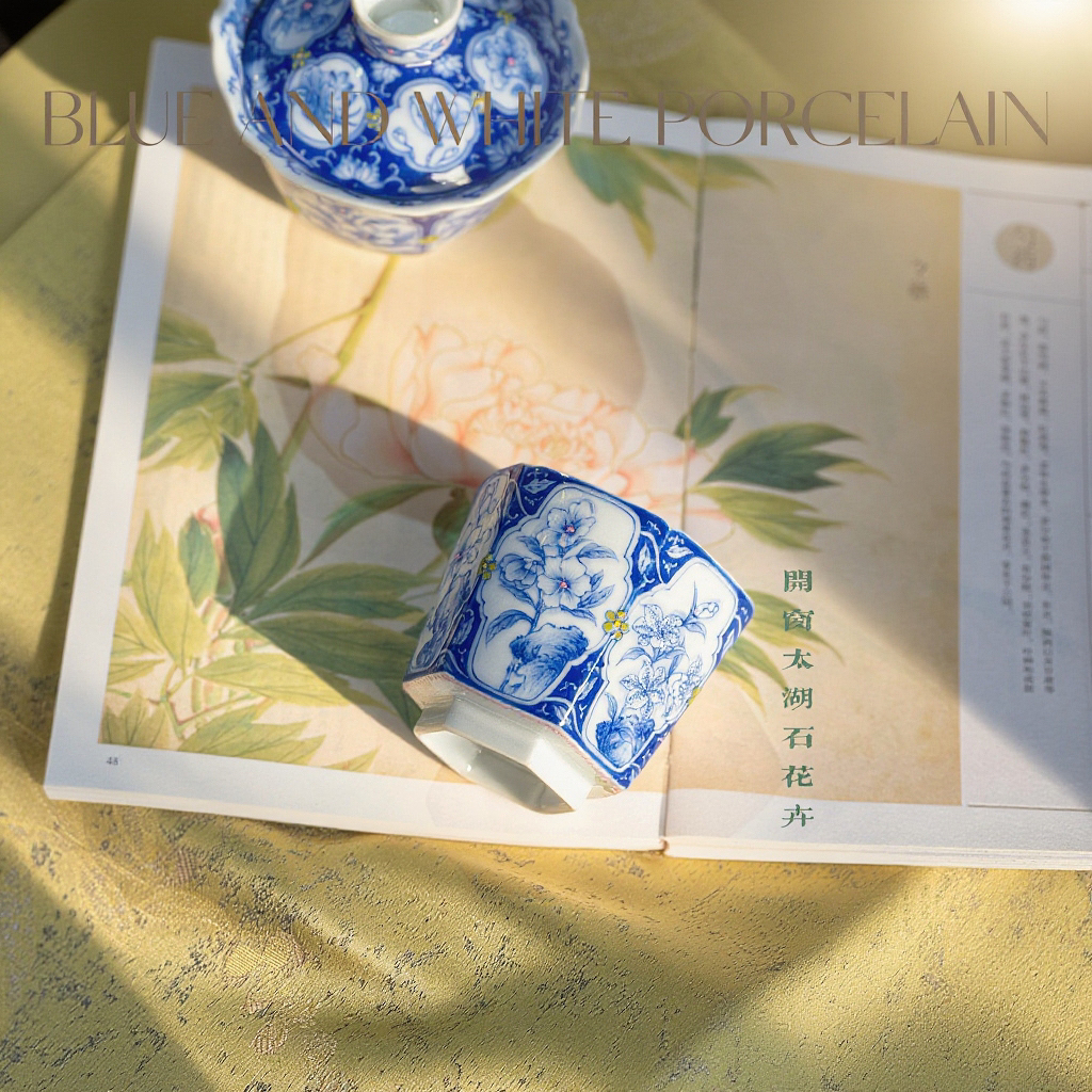 青樵轩六方杯纯手绘内绘主人杯茶具古风青花瓷珠帘开窗茶杯复古