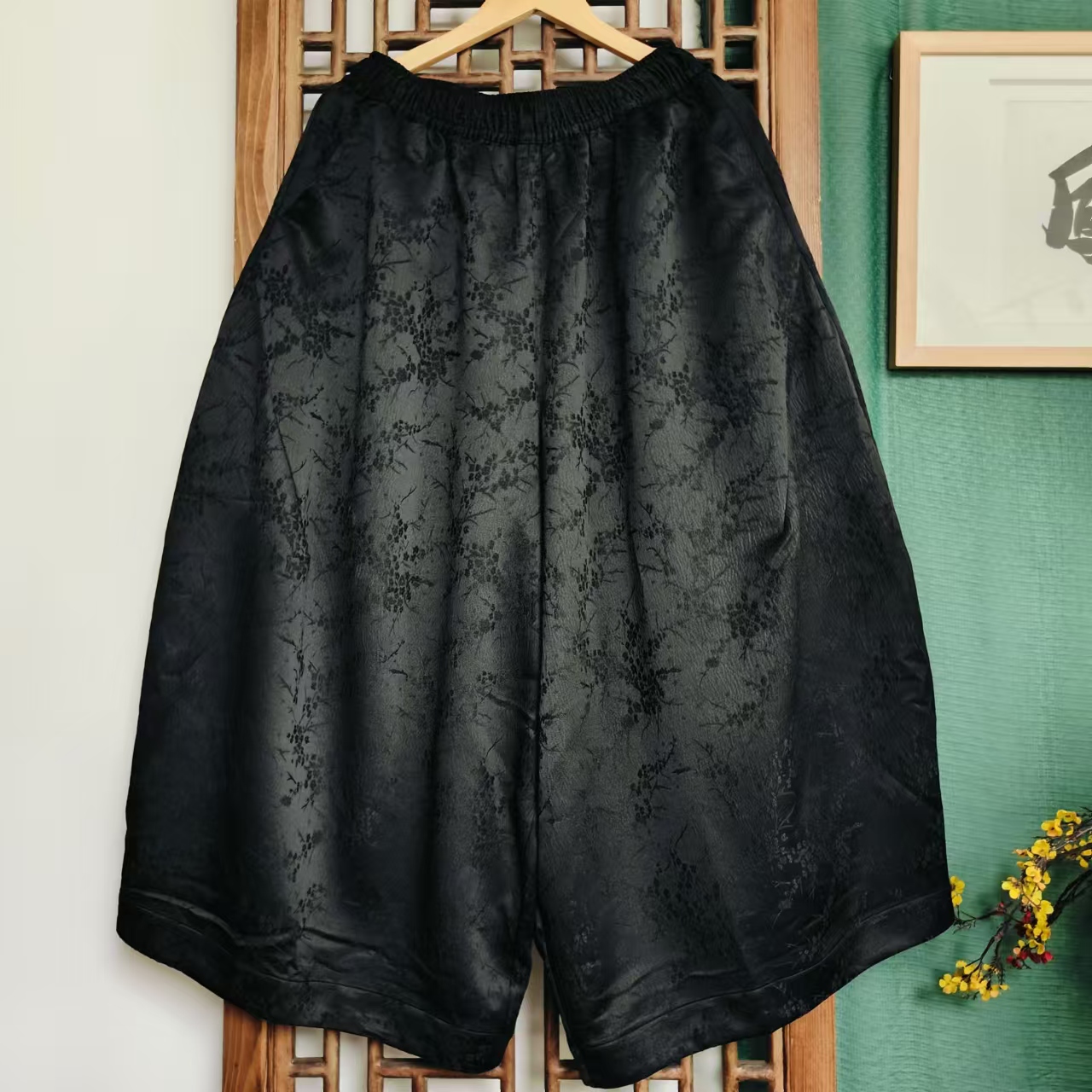 凤徕兮私人定制黑色小花暗纹全松紧加衬花苞裤（SK4108）