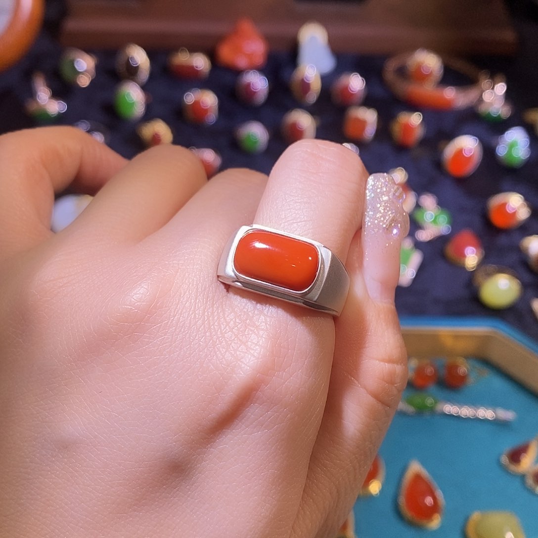 南红玛瑙戒指银S925镶嵌