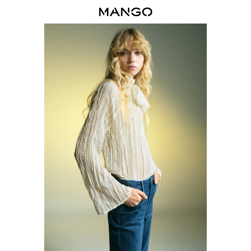 MANGO女装衬衫2025秋装新款法式提花褶皱肌理感系带内搭打底衬衣