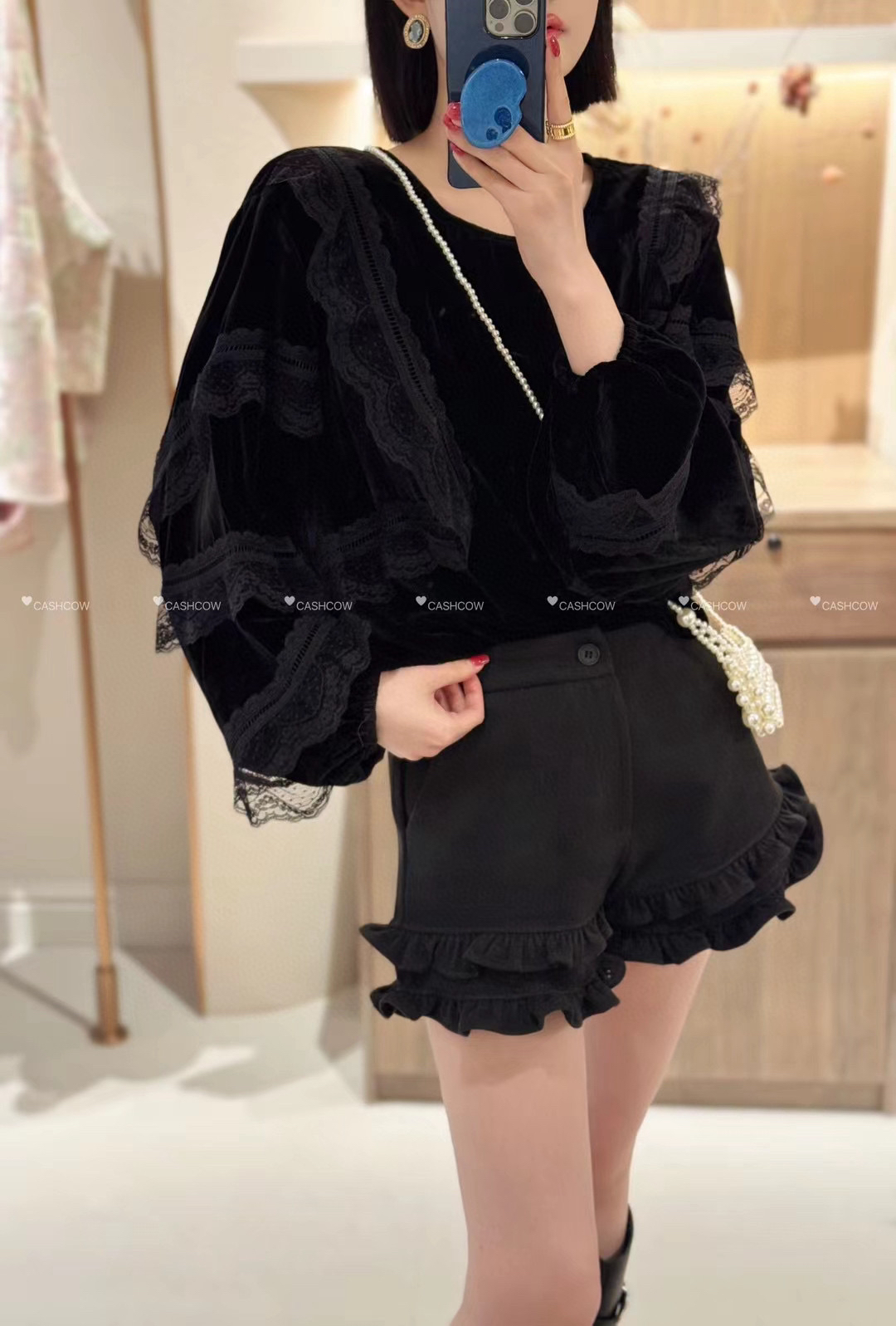 时尚蕾丝拼接显瘦100%桑蚕丝真丝丝绒上衣