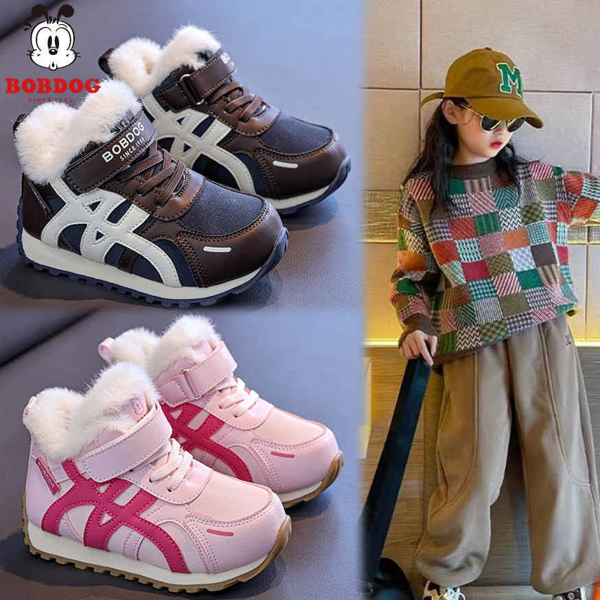 巴布豆雪地靴2025冬季大棉高帮男童皮面软底阿甘鞋女孩鞋加绒童鞋