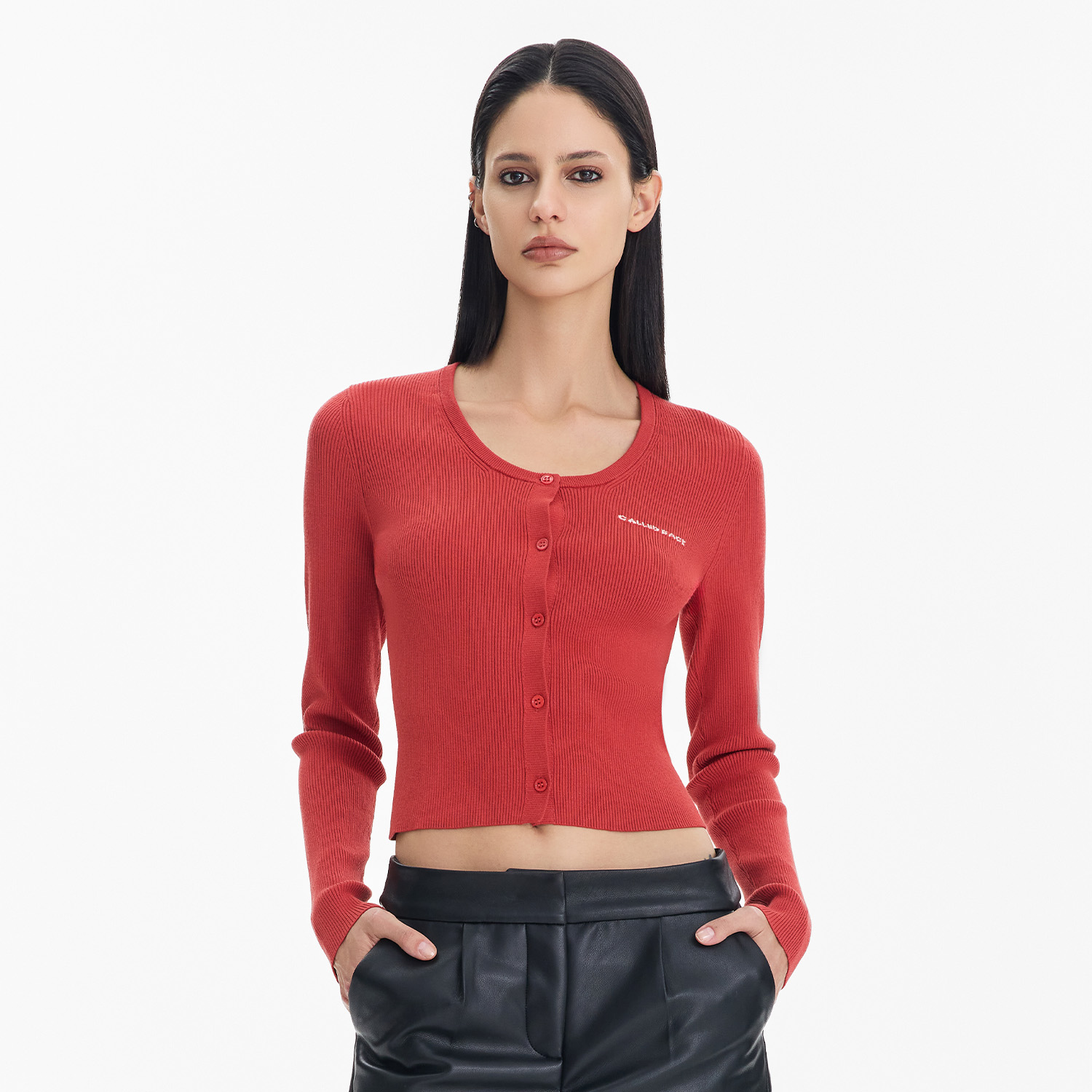 CALLED BACK【彩虹糖】新款修身v领针织衫休闲红色纽扣长袖开衫