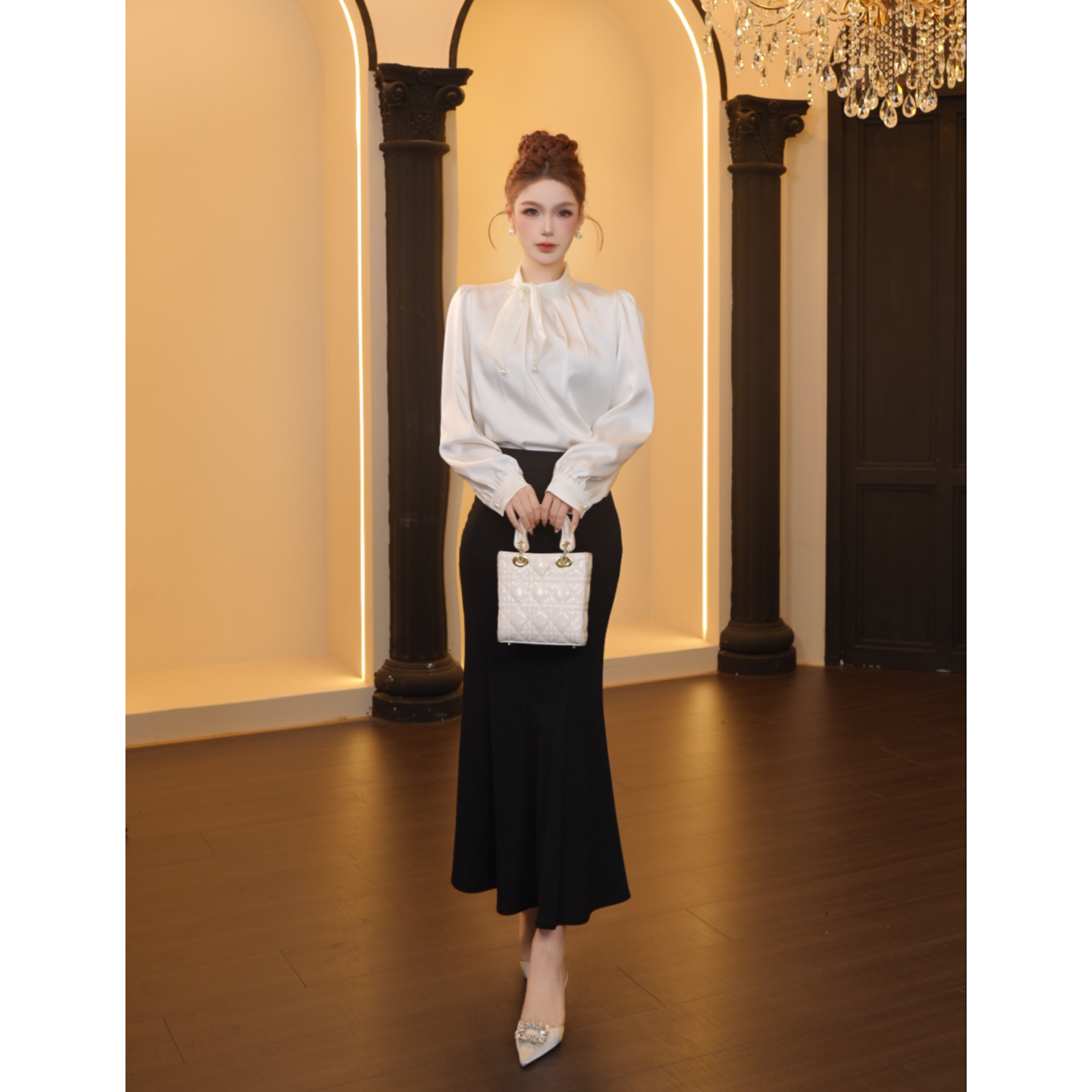 【温迪专属】-103套装长袖女神范法式鱼尾裙名媛轻熟风拼接N1757