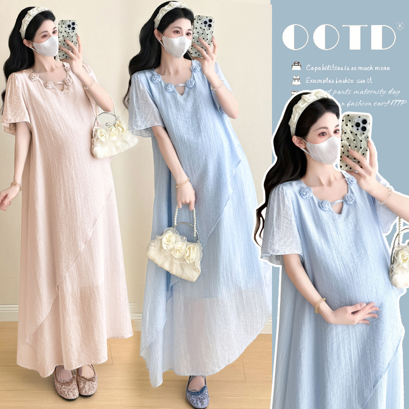 温柔减龄夏季孕妇装新款爆款立体工艺花朵镶钻满天星气质连衣裙