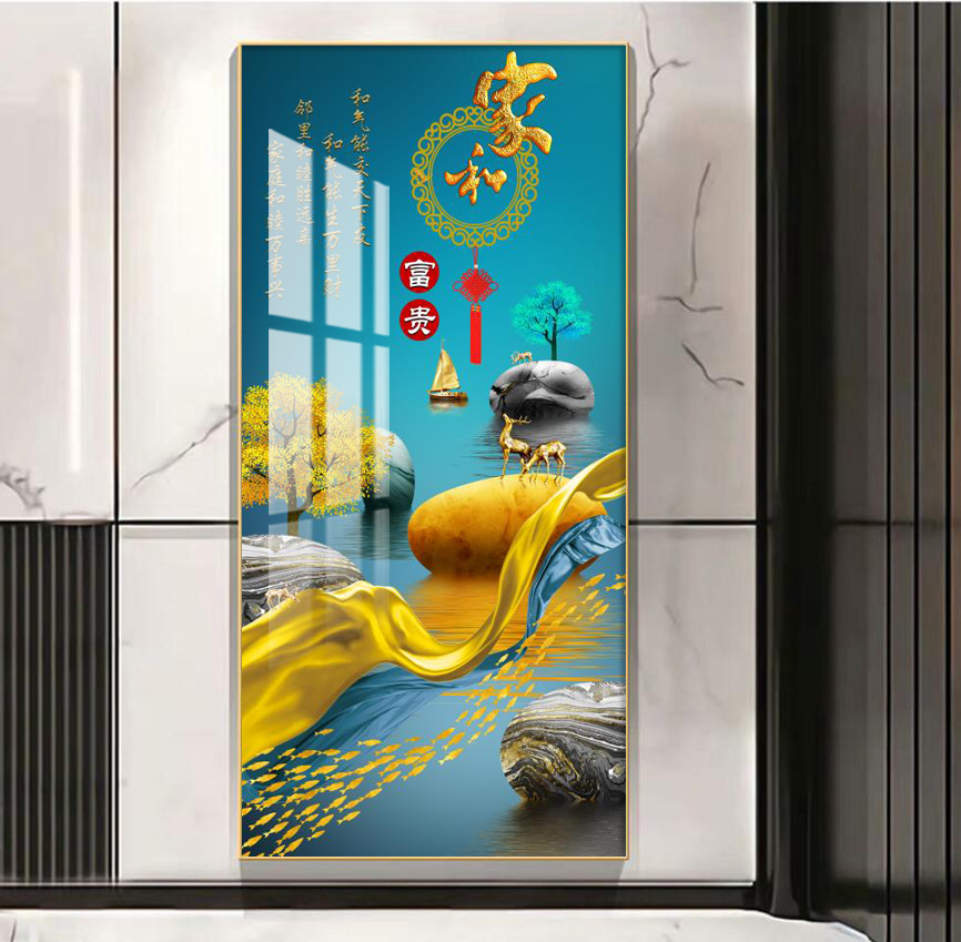 简约新中式《家和富贵》玄关画走廊过道镶钻晶瓷装饰画