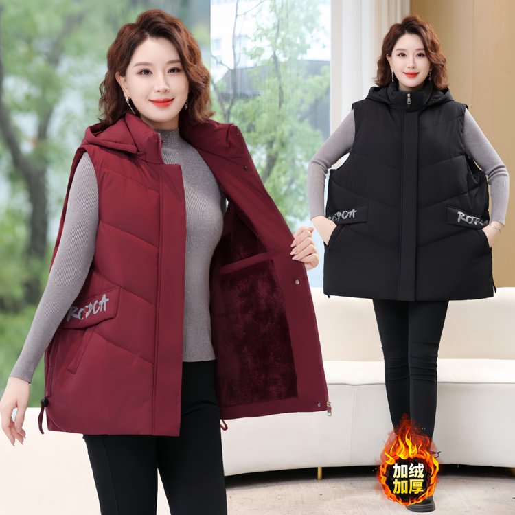 冬季中老年加肥保暖马甲连帽国风·加厚妈妈棉坎夹加绒冬季外套