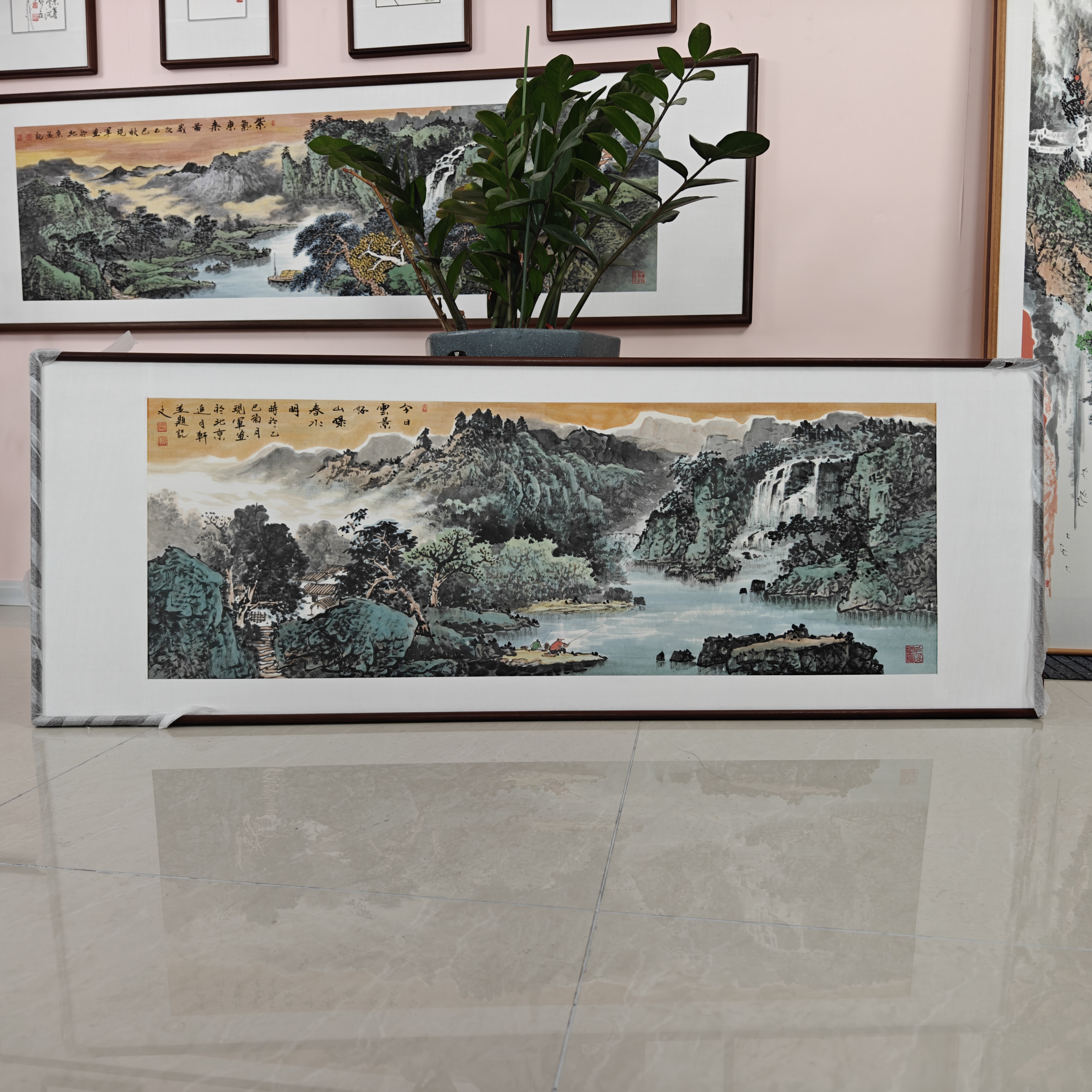 张现军手绘原创国画《今日云景好山绿春水明》尺码173*63厘米