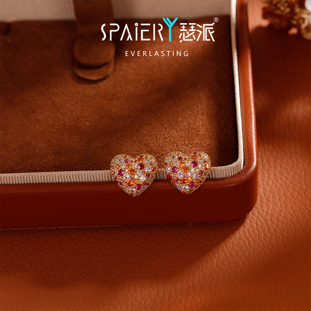 合金耳饰 【5202】法式简约彩色满钻爱心耳钉女轻奢高级感气质耳饰