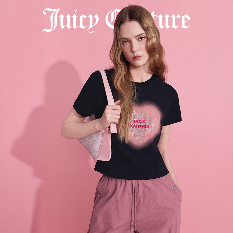 【反季捡漏】Juicy Couture橘滋2025新款爱心刺绣珠片印花短款T恤女