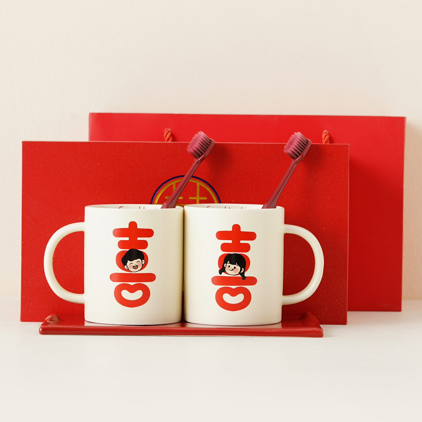 礼茂结婚漱口杯刷牙杯一对红色陶瓷对杯套装新婚礼物情侣杯