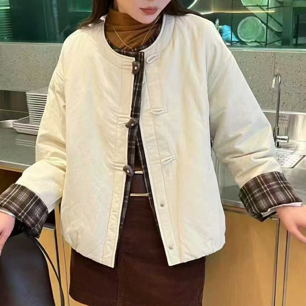 韩系撞色时尚百搭宽松显瘦圆领厚款冬季棉服上衣