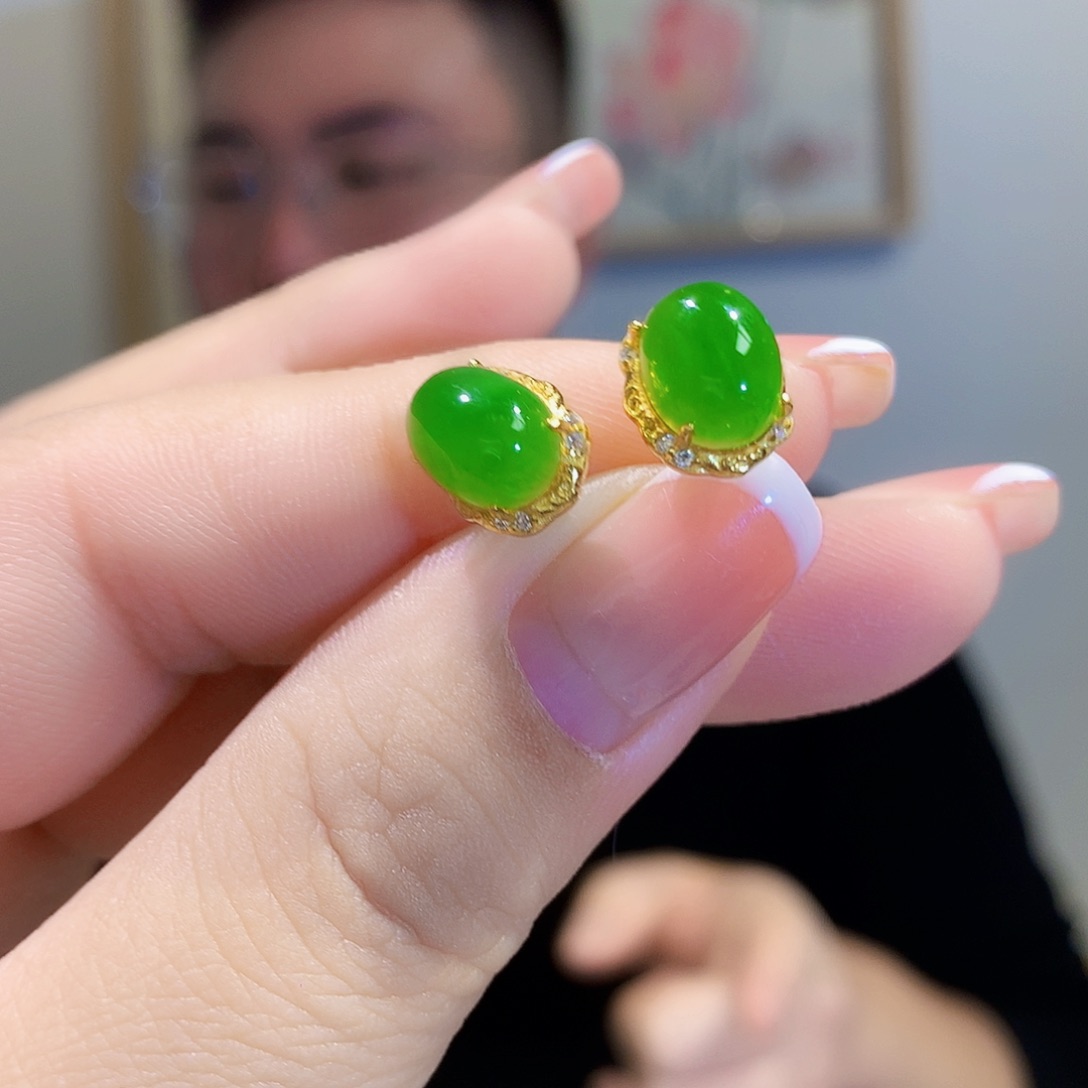 和田玉（碧玉）耳饰银S925镀金镶嵌