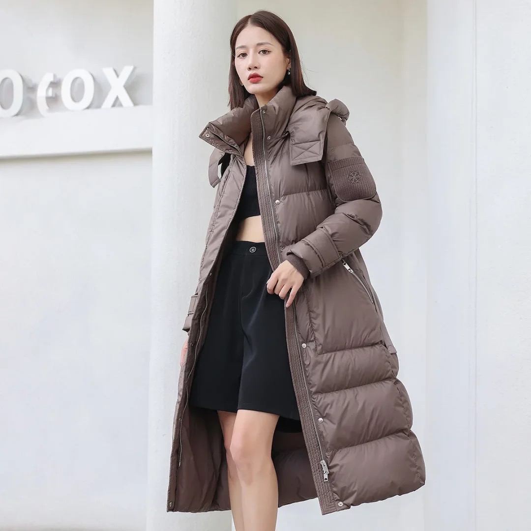 收腰长款纯色连帽羽绒服女装长款保暖女士Y852